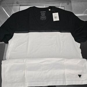 Guess Black and White Short Sleeve Tee Color Block Faux Leather Strip XL